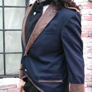 Upcylced Navy Blue and Brown Tooled Pleather Applique Smoking Jacket image 4