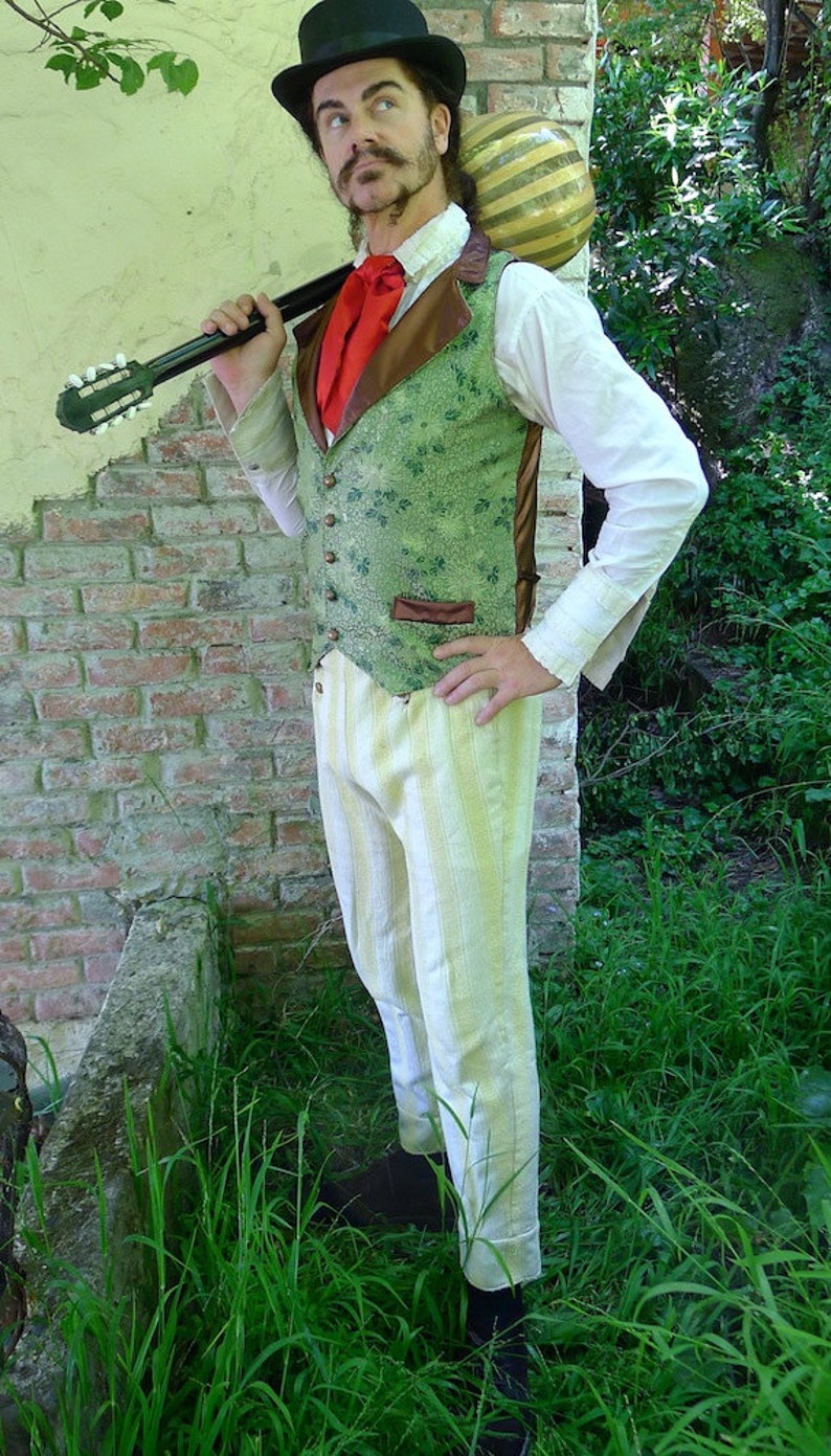 Green Crysthanamum Silk Brocade Steampunk Victorian Lapeled Gentlemen's Vest, Frilly Shirt, Trousers and Cravat image 5