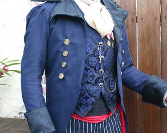 Royal Blue Linen and Black Swallowtai Steampunk Pirate Wedding Jacket,  Vests, Trousers, Spats Ensemble