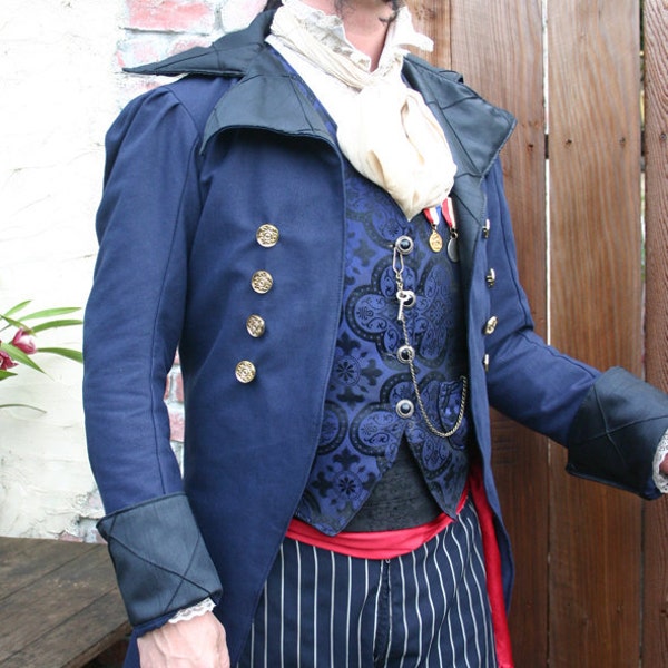 Royal Blue Linen and Black Swallowtail Steampunk Pirate Wedding Jacket, Vest, Shirt and Cravat Ensemble