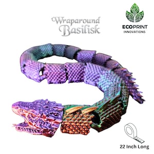 May include: A 22-inch long, multi-coloured, segmented, articulated, plastic, wrap-around basilisk toy. The toy is made of multiple pieces that can be connected to form a snake-like creature with a dragon head. The toy is made by Ecoprint Innovations.