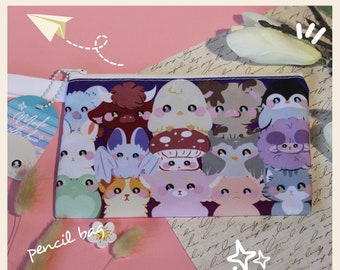 May include: A purple pencil bag with a variety of cute animal faces printed on it. The bag has a zipper closure and a white strap. The text "pencil bag" is written on the front of the bag.