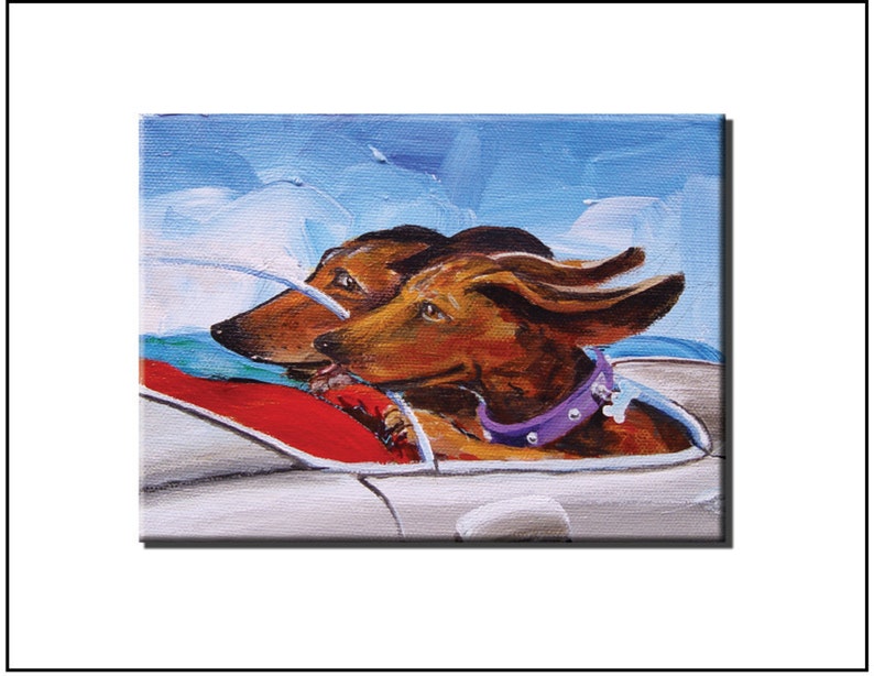 May include: Two brown and tan dachshund dogs with their heads sticking out of a white convertible car. The dog in the front has a purple collar with a silver bone charm. The dog in the back has a brown collar. The car is driving on a blue and white cloudy sky background.