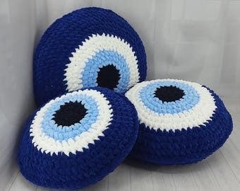 Round Evil Eye Pillow, Plush Evil Eye, Crochet Decorative Pillow, Blue Round Cushion, Accent Throw Pillow, Good Luck Gift, Dorm Room Decor