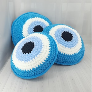 Ocean Evil Eye Pillow, Plush Crochet Decorative Pillow, Blue Round Cushion, Accent Throw Pillow, Good Luck Gift, Handcrafted Soft Cushion