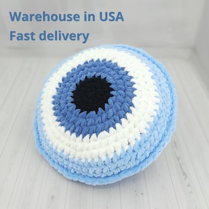 Sky Evil Eye Throw Pillow, Plush Evil Eye Decorative Pillow, Round Evil Eye Pillow Charm Crochet Pillow for Couch, Gift for Her, Lucky Charm
