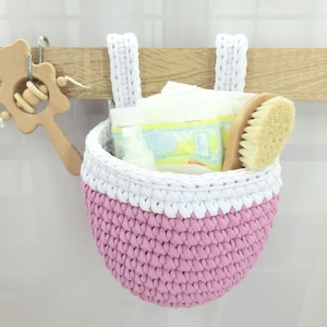 Pink Crib Storage, Crochet Hanging Basket, Pocket Organizer for Baby Cot, New Baby Gift, Nursery Decor, New Parent Gift, Baby Shower Gift