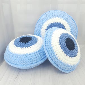 Round Evil Eye Pillow, Plush Crochet Decorative Pillow, Blue Round Cushion, Accent Throw Pillow, Good Luck Gift, Handcrafted Soft Cushion