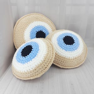 Round Evil Eye Pillow, Modern Crochet Cushion, Pink Pillow, Accent Throw Pillow, Good Luck Gift, Handcrafted Soft Cushion, Mystic Eye Pillow