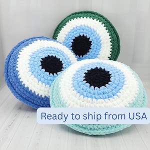 Crochet Evil Eye Pillow, Plush Dorm Room Decor, Accent Throw Cushion