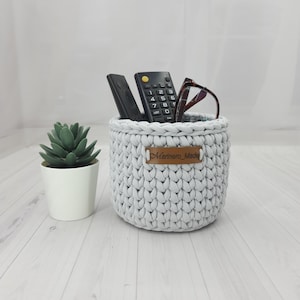 Phone & Remote Control Holder, Eyeglass Holder Stand, Crochet Storage Basket, Gray Glass Bedside Holder,  Dresser Decor, Grandma Gift