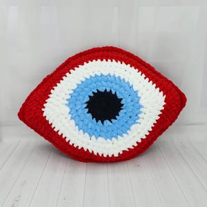 Plush Red Evil Eye Pillow, Mediterranean Style Crochet Pillow, Soft Knitted Eye Cushion, Lucky Eye Dorm Room Decor, Birthday Gift Idea