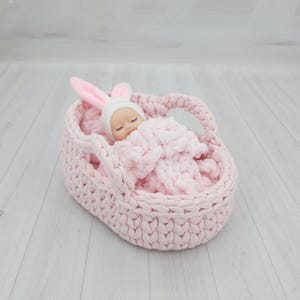 Mini Baby Doll Crib, Crochet Basket for a Dolls 4-5&quot;, Bed with Bedding for Dolls, Toy Carrycot, Handmade Doll Bassinet, Little Daughter Gift