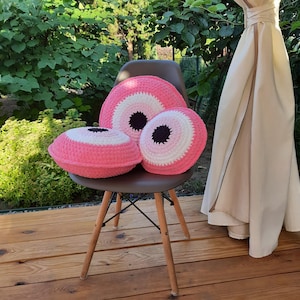 Round Evil Eye Pillow, Textured Crochet Cushion, Plush Decorative Pillow, Round Accent Throw Pillow, Good Luck Charm, Handcrafted Soft Gift