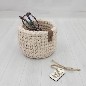 Eyeglass Holder Stand, Crochet Storage Basket, Beige Glass Bedside Holder, Phone & Remote Control Holder, Desktop Organizer, New Home Gift