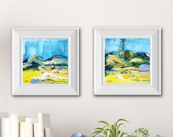 Landscape Blues Diptych Two Piece Art Original 6x6 Mixed Media and Metallic Ink Painting