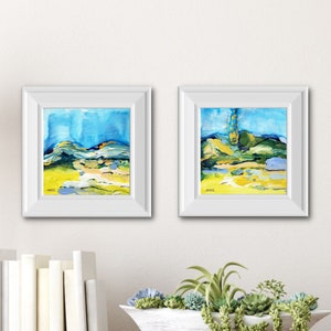 Landscape Blues Diptych Two Piece Art Original 6x6 Mixed Media and Metallic Ink Painting image 1