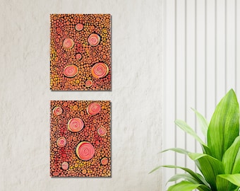 Original Acrylic Diptych Paintings Orange Orbs 8x10 Two Canvases