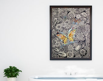 Butterfly Ink Original Watercolor and Ink Drawing 18 x 24 unframed