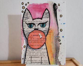 Artist Trading Card/ACEO Bubblegum Cat in Pink Original Mixed Media Artwork