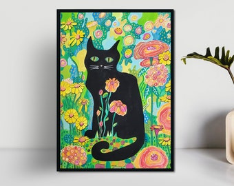 Black Cat in the Flowers Original 9x12 Watercolor Painting