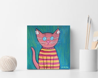 Cat In A Striped Shirt Original 6x6 Acrylic Painting