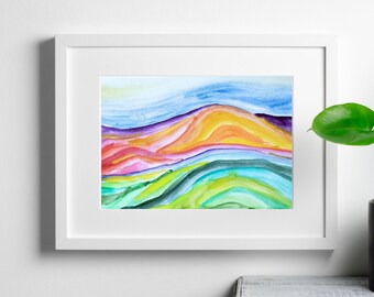 Sun Mountain Original Abstract Landscape Wall Art 5.5x8.5 Watercolor and Ink Painting Boho Retro and Eclectic Artwork