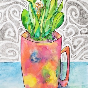 Tie Dye Plant Mug Hippie Boho Art Original 5x7 Watercolor Ink and Pencil Drawing Botanical Home Decor Coffee Mug Art image 3
