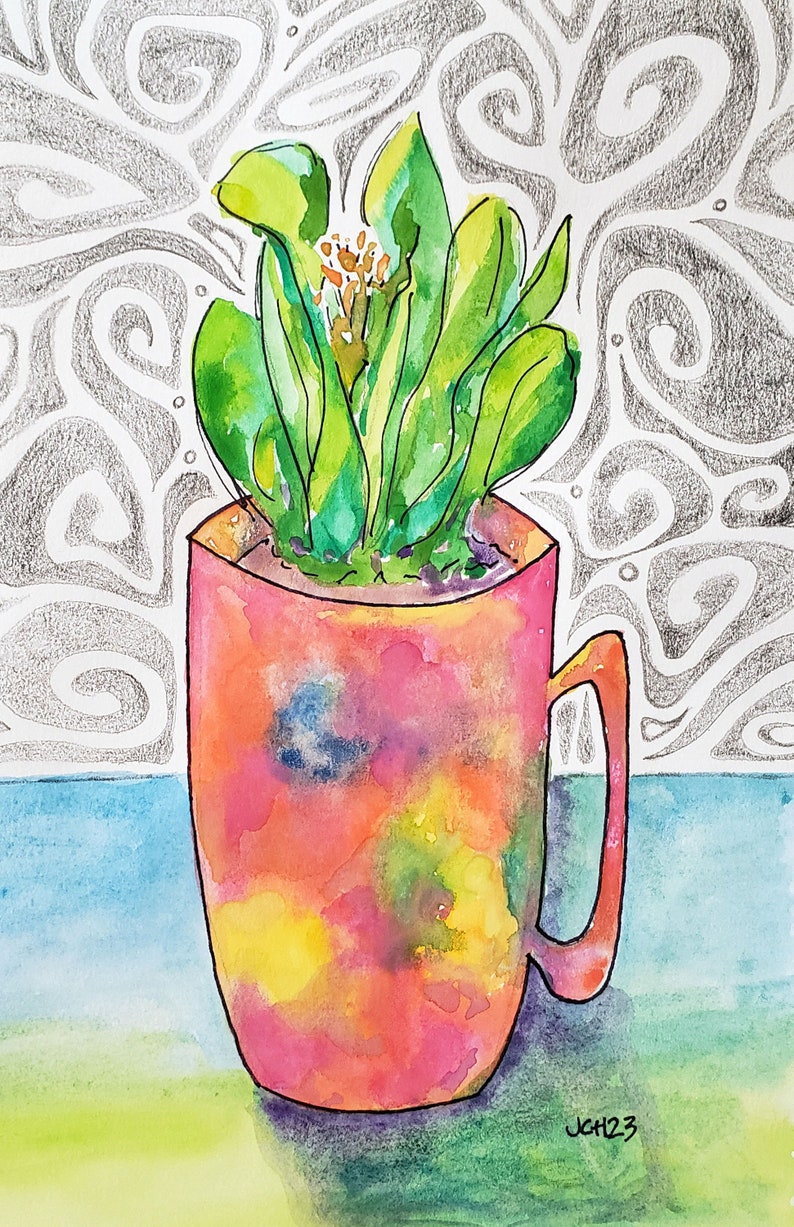 Tie Dye Plant Mug Hippie Boho Art Original 5x7 Watercolor Ink and Pencil Drawing Botanical Home Decor Coffee Mug Art image 3
