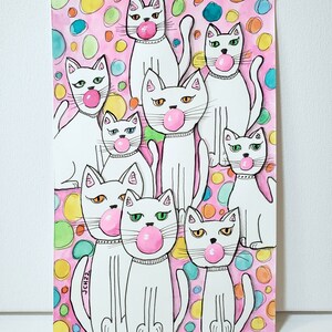 Kitty Cats Blowing Pink Bubblegum Bubbles Original Art 5.5x8.5 Watercolor and Ink Painting image 2