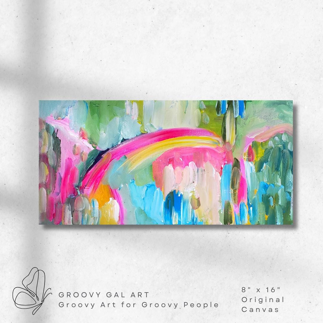 Abstract Rainbow Painting: Boho Groovy Acrylic Art, 8x16 Unframed