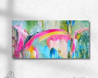 May include: Abstract painting on canvas with bright colors, including pink, blue, yellow, and green. The painting features a rainbow-like shape and a textured, brushstroke style.