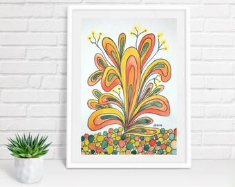 Happy Plant in Orange Yellow and Green Watercolor and Ink Painting Drawing 5" x 7"  Wall Art