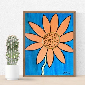 Orange Flower on Blue Background Original Acrylic Painting 11 x 14 image 1