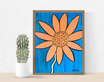 Orange Flower on Blue Background Original Acrylic Painting 11" x 14"