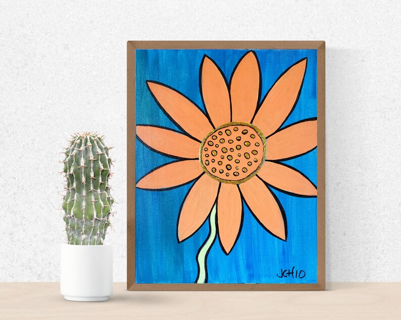 Orange Flower on Blue Background Original Acrylic Painting 11 x 14 image 1