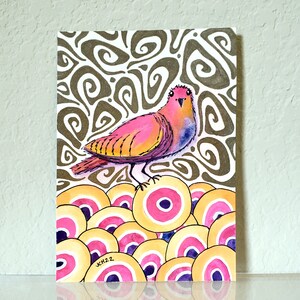 Pretty Bird Original Retro Inspired Art 5x7 Watercolor and Ink Painting Drawing image 2