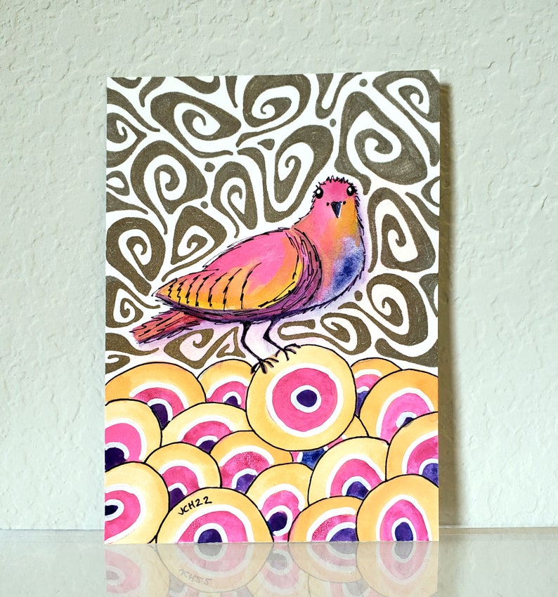 Pretty Bird Original Retro Inspired Art 5x7 Watercolor and Ink Painting Drawing image 2