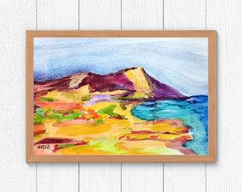 Ocean Landscape Study  Original Abstract Landscape Beach Art 5.5x8.5 Mixed Media Watercolor Painting