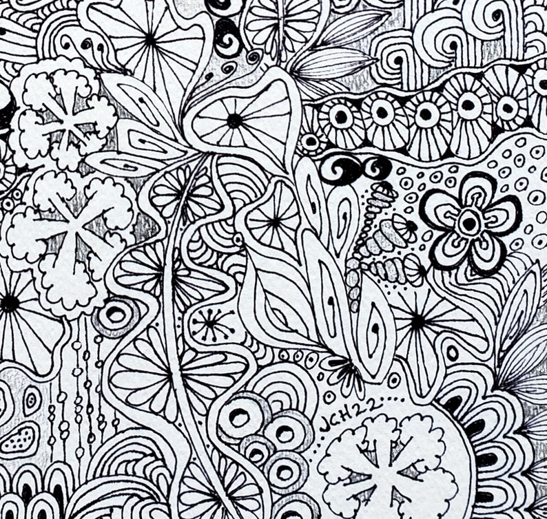 ZenDoodle Original Black and White Art 9x12 Eclectic Boho Botanical Ink Drawing image 4