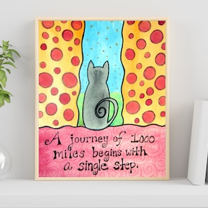 Journey Cat Original Watercolor Drawing with Inspirational Quote 9x12 image 1