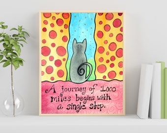 Journey Cat Original Watercolor Drawing with Inspirational Quote 9x12