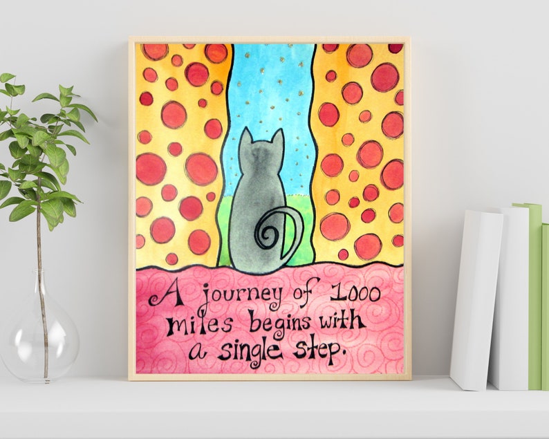 Journey Cat Original Watercolor Drawing with Inspirational Quote 9x12 image 1