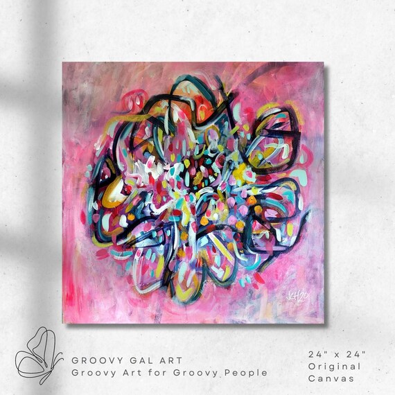 オリジナル抽象アクリル画：グルーヴィーなカラフルな渦巻き、24x24