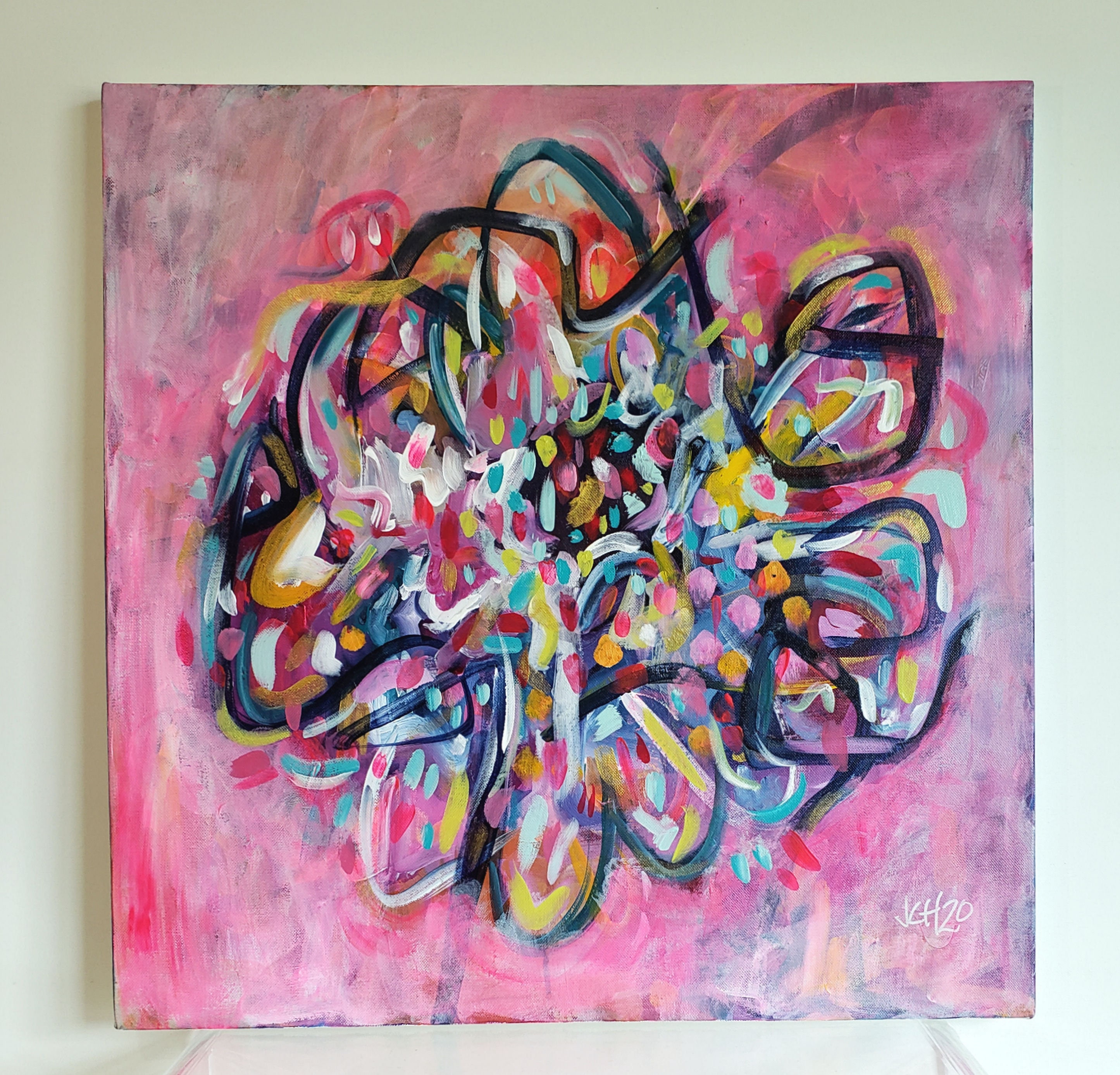 オリジナル抽象アクリル画：グルーヴィーなカラフルな渦巻き、24x24