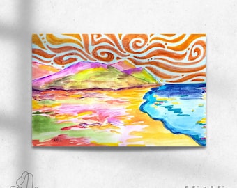 Original akvarell strandlandskapsmålning: Groovy Modern Art (5,5x8,5)