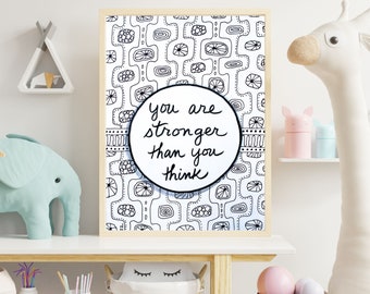 You Are Stronger Than You Think  Original Black and White Art 5x7 Inspirational Quote Ink Painting Boho Eclectic Drawing