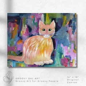Abstract Cat Painting: Groovy Boho Acrylic Art, 14x18 Unframed