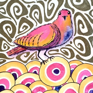 Pretty Bird Original Retro Inspired Art 5x7 Aquarelle et Peinture à lencre Dessin image 3