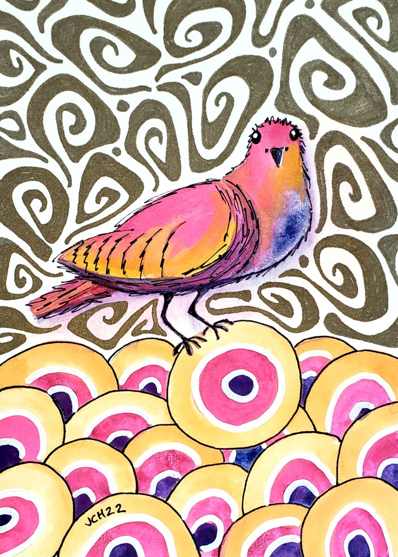 Pretty Bird Original Retro Inspired Art 5x7 Watercolor and Ink Painting Drawing image 3